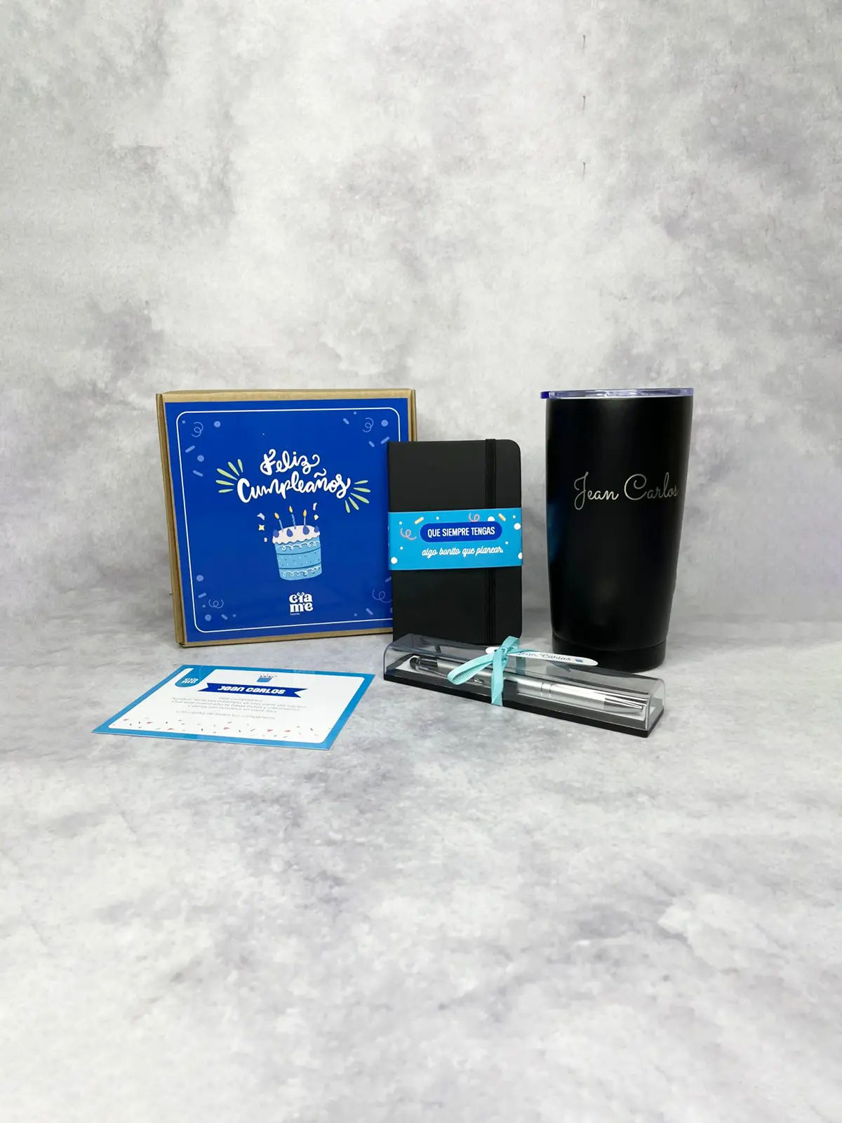 Regalo cumpleaños personalizado con vaso térmico grabado láser, libreta personalizada y lapicero metálico