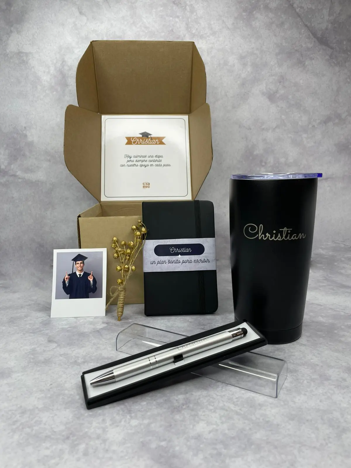 Regalo de graduación personalizado con vaso térmico grabado láser, lapicero metálico en estuche, libreta personalizada